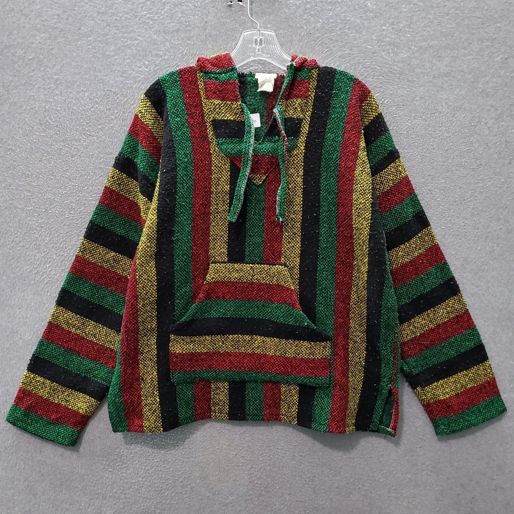 Baja Men Sweatshirt Medium Green Yellow Rasta Hoodie Pocket Drawstring Pullover
